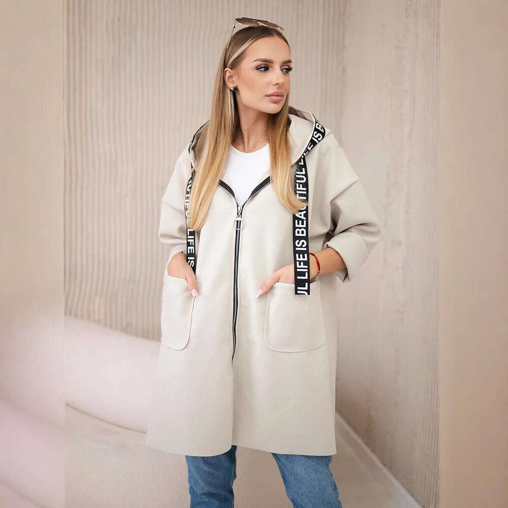 Autumn Winter New Hooded Sports Women's Plus Size Solid Color Casual Long Sleeve Zipper Woolen Coat