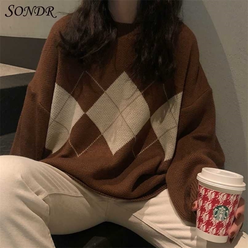 Women Argyle Knitted Sweater Autumn Winter O-Neck Oversized Pullovers Korean Preppy Style Loose Jumper Female Casual Sweaters 211218wtt