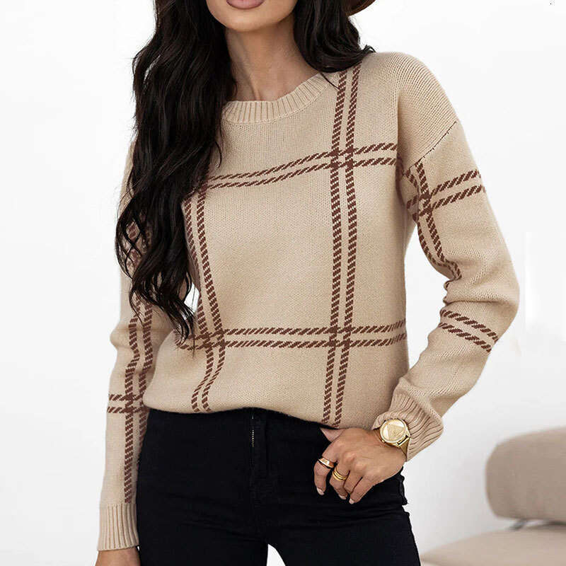 Yangyang Autumn Winter New Plaid Color Block Sweater for Women Casual Versatile Long Sleeve Round Neck Pullover Knitwear