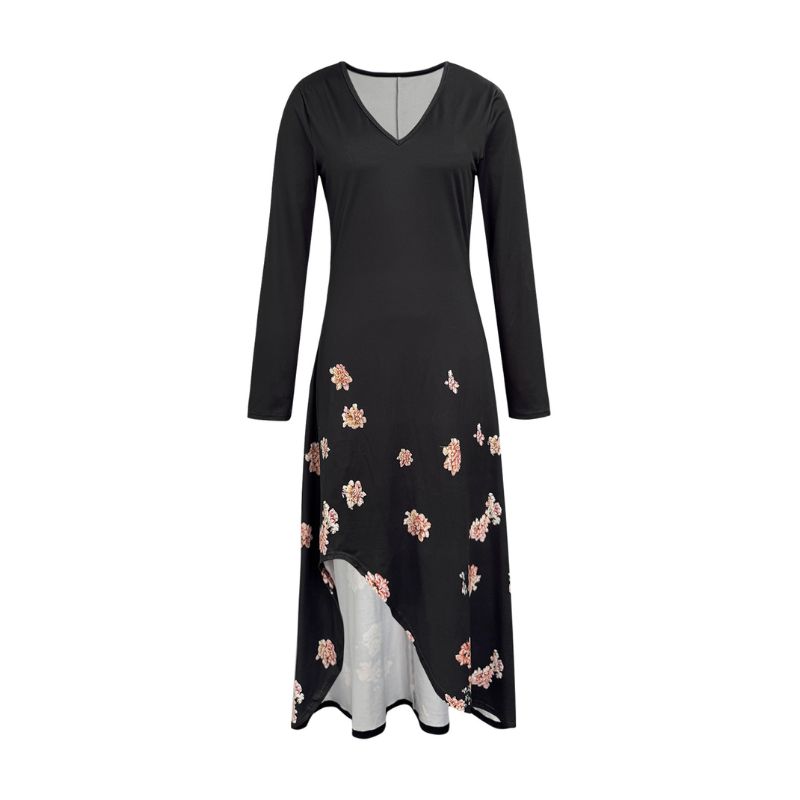 Women's Long Sleeve Floral Print A-Line Midi Dress - Milk Silk Elegant Casual Vacation Black Dress-CF52862