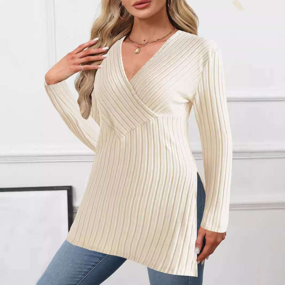 Women's Clothing Autumn Winter New Long Sleeve Solid Color V-Neck Casual Home Ribbed Top