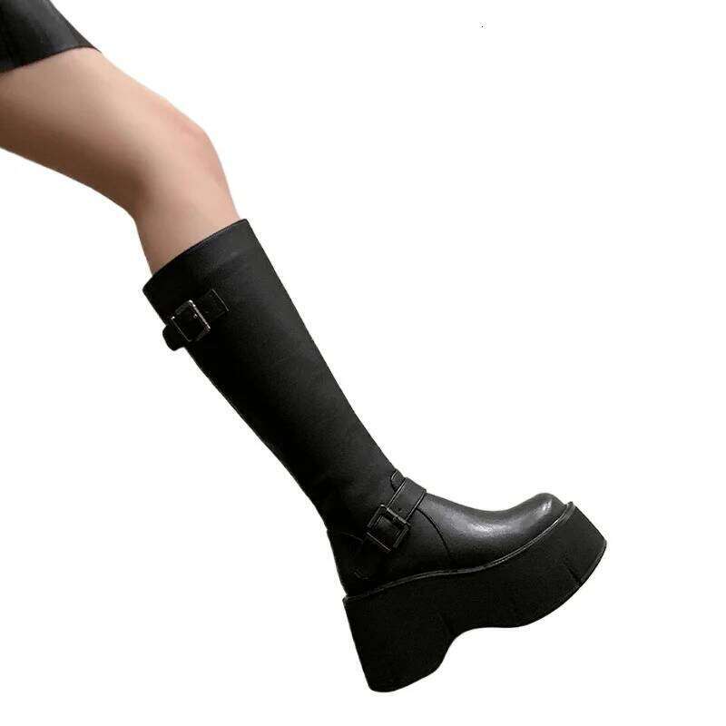 2024 Basic Women's Classics Knee-High Boots Women Belt Buckle Side Zip Round Toe Wedge Platform Shoes Ladies
