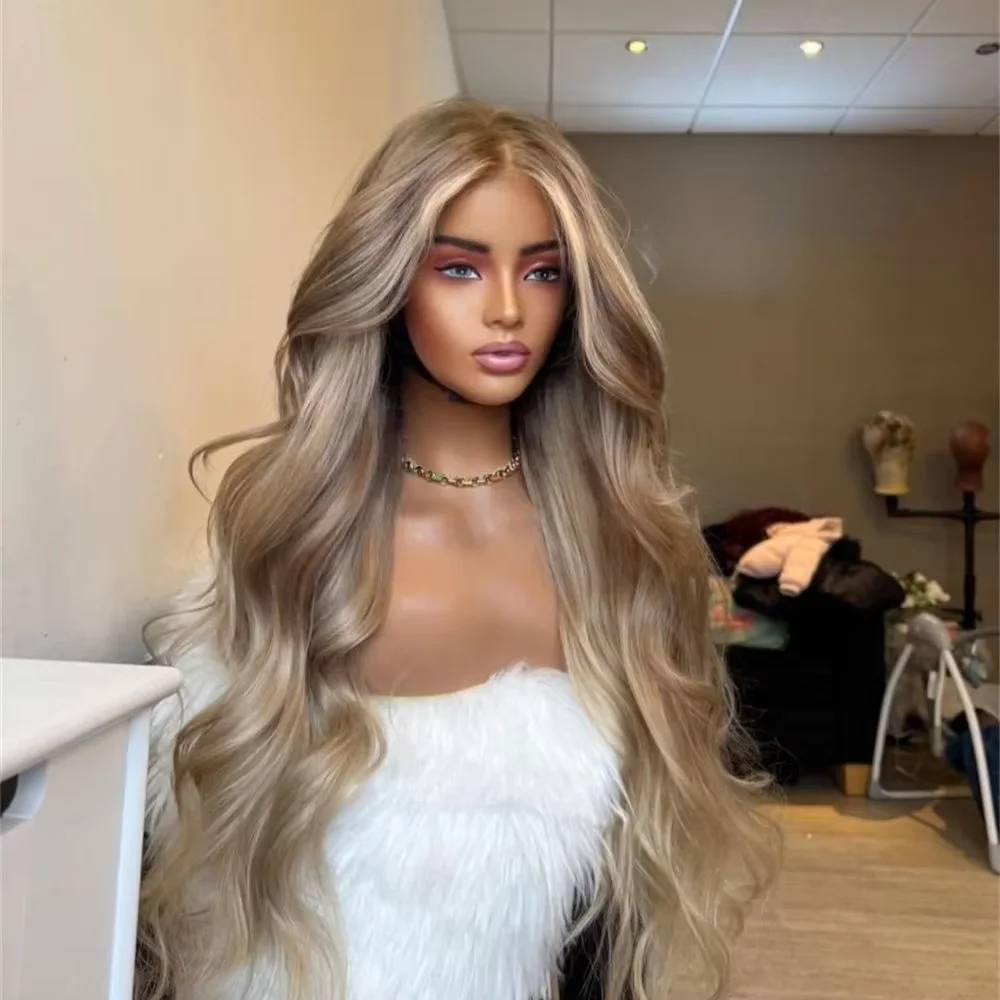 Body Wave Human Hair Wigs For Women 30 Long Water Wave Free Part Blonde Highlight 13x4 Hd Lace Front Wig For Daily Use Realistic Look
