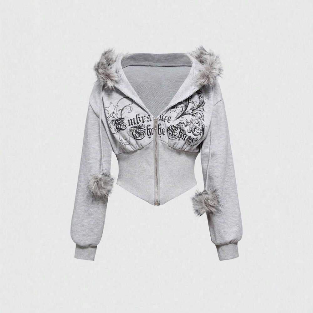 American Style Fur Collar Patchwork Cardigan Sweatshirt Casual Zipper Waist Slimming Short Jacket Top