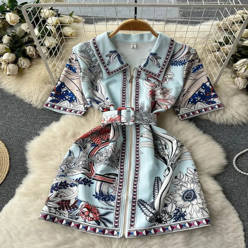 Summer Fashion Retro Zipper Mini Dress Womens Short Sleeve Lapel Collar Vintage Flower Print A Line Belt Beach Vestidos 240715