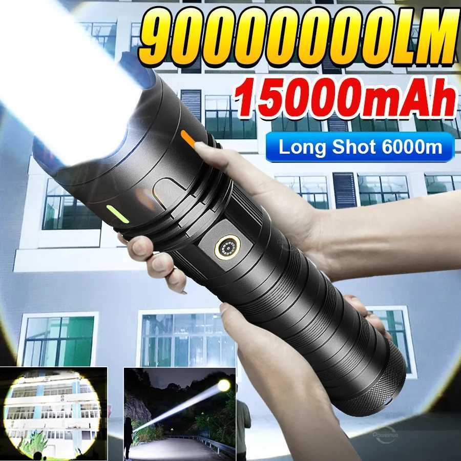 15000mAh Super Big Flashlight USB Rechargeable 6000M Most Strong LED FlashLight Long Range Torch Zoom Outdoor Camping Lantern D250928