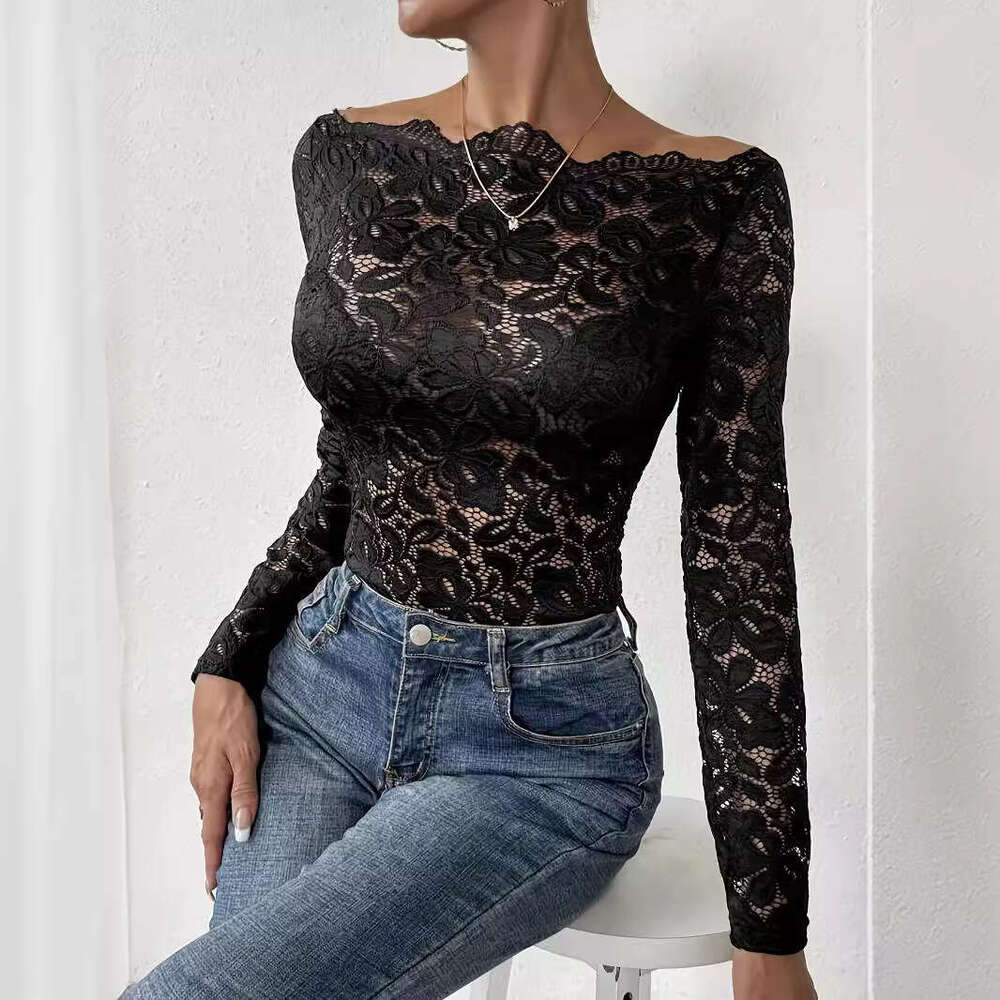 2025 New Fan-shaped Collar Off-shoulder Single-layer Lace Slim Fit Long Sleeve T-shirt Top