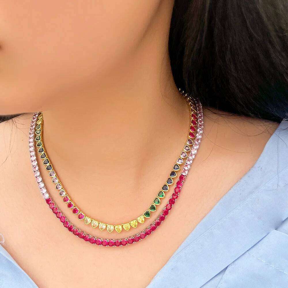 CWWZircons Chic Bling Pink Red Cubic Zirconia Round Chain Link Tennis Choker CZ Necklace for Women New Trendy Jewelry Gift CP117