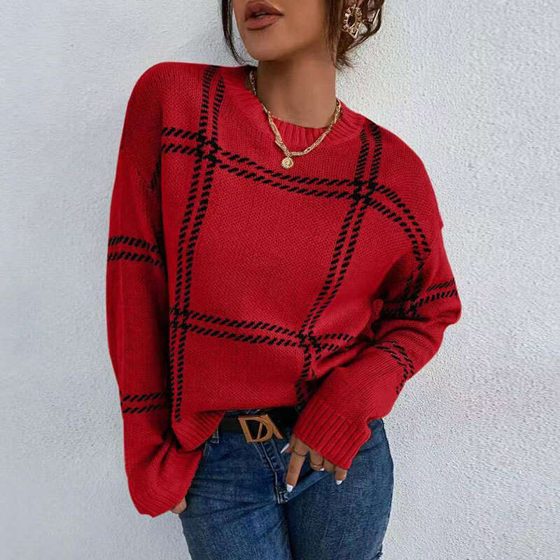 Yangyang Autumn Winter New Plaid Color Block Sweater for Women Casual Versatile Long Sleeve Round Neck Pullover Knitwear