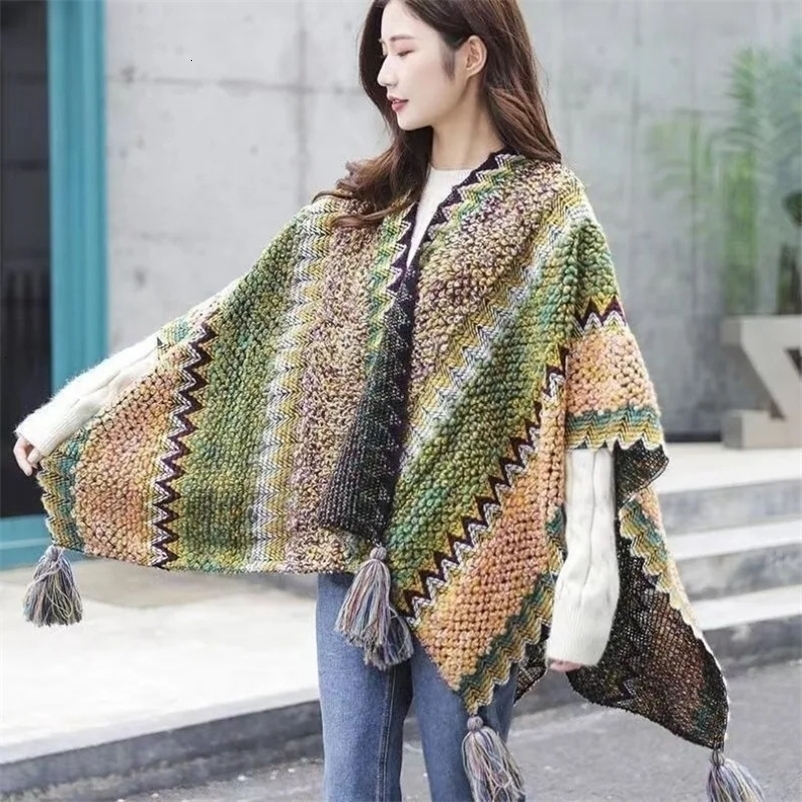 Knited Shawl Coat Women Elegant Ethnic Cardigan Ponchos Vintage Loose Tassel Shawl Jackets Autumn Winter Streetwear Clothes Cape 240712