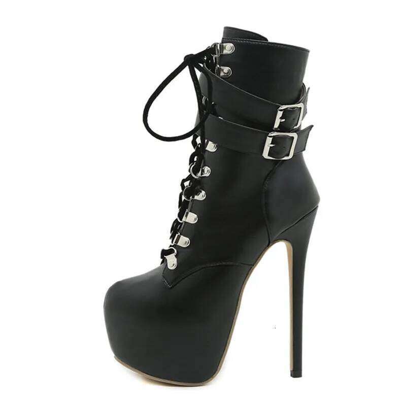 Liyke Sexy Buckle Strap 16.5 CM Extreme High Heels Platform Boots For Women Round Toe Cross Lace Up Party Club Stripper Shoes