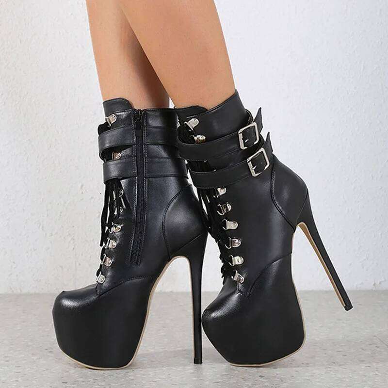Liyke Sexy Buckle Strap 16.5 CM Extreme High Heels Platform Boots For Women Round Toe Cross Lace Up Party Club Stripper Shoes