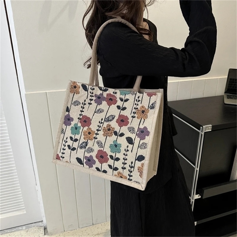 Linen Button Vintage Handbag Women Tote Large Capacity Grocery Bag Gift Beach Organizer Portable Shopping Lunch Retro y240815ZYl