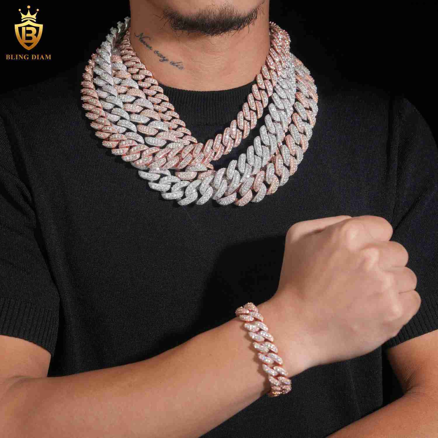 Hot Sale Rapper Jewelry 925 Sterling Silver Rose Gold Iced Out 13mm 15mm 18mm 22mm Moissanite Cuban Link Chain Necklace