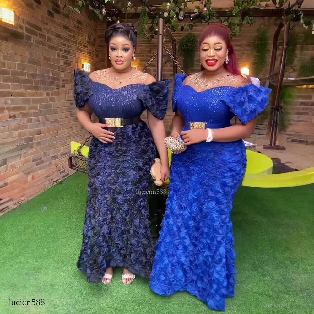 Womens Dress Luxury Three-Dimensional Embroidery Off-Shoulder Mesh Sequin Rhinestone Belted Evening Gown 240226