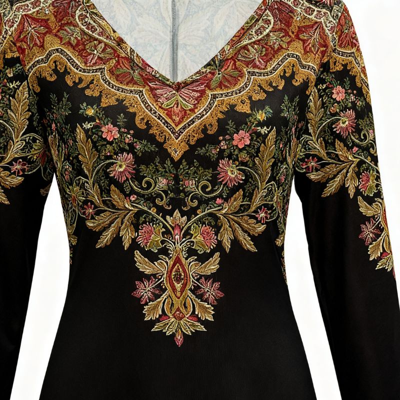 Women's Long Sleeve V-Neck Vintage Paisley Print Midi Dress - Autumn Winter Elegant Office Commute Style-CF40381