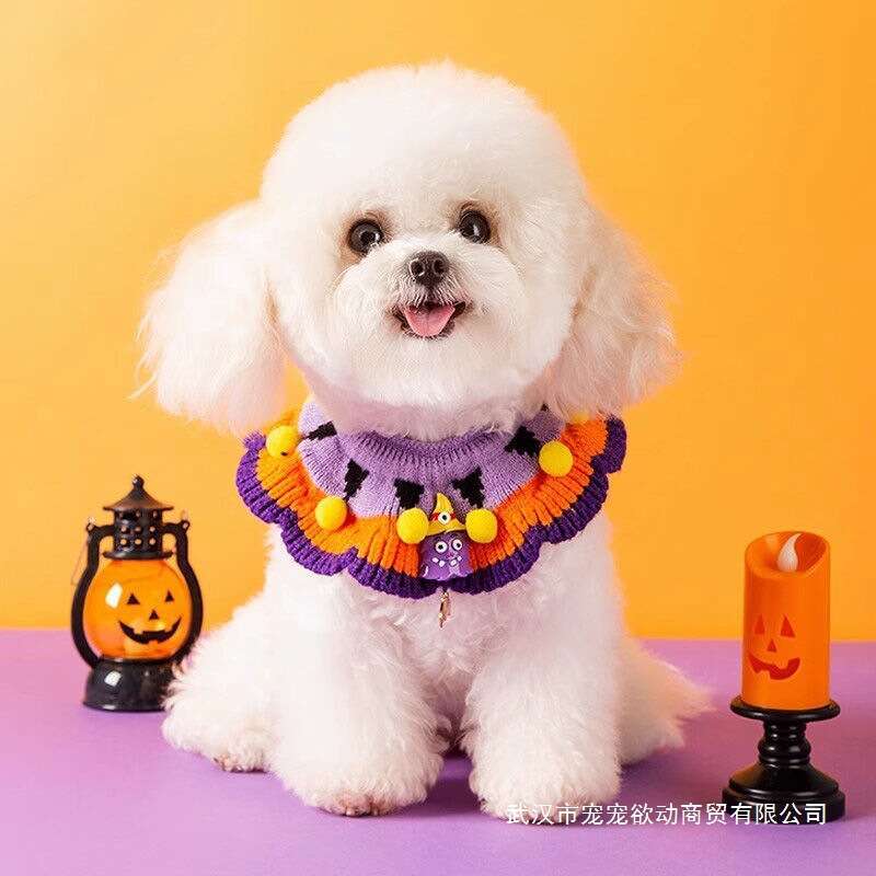Pet Bib Dog Cat Collar Decoration Neck Warmer Knitted Hat Halloween Pumpkin Costume