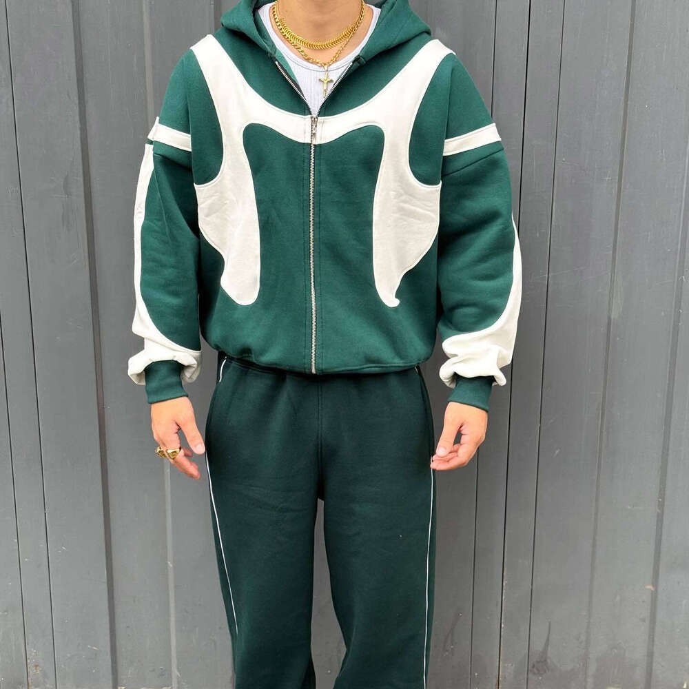 Winter New Color-Block Patchwork Hooded Sweatshirt Men's Fashion Casual Zipper Cardigan Jacket