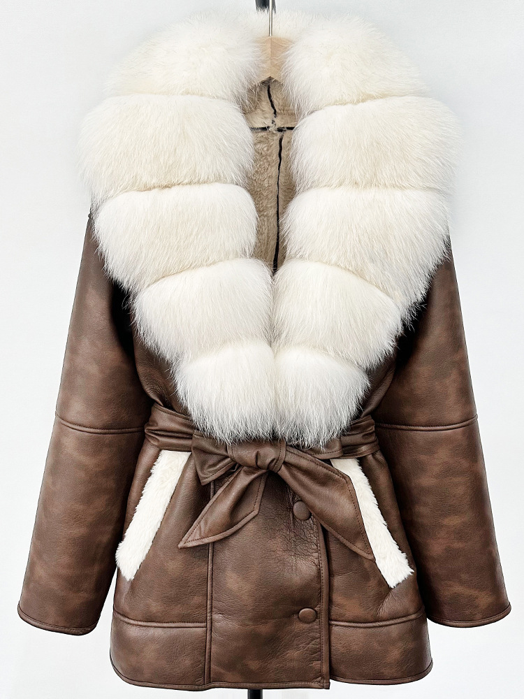 Womens Fur Collar Leather Jacket - European & American Designer Style with High-Waist Cinch