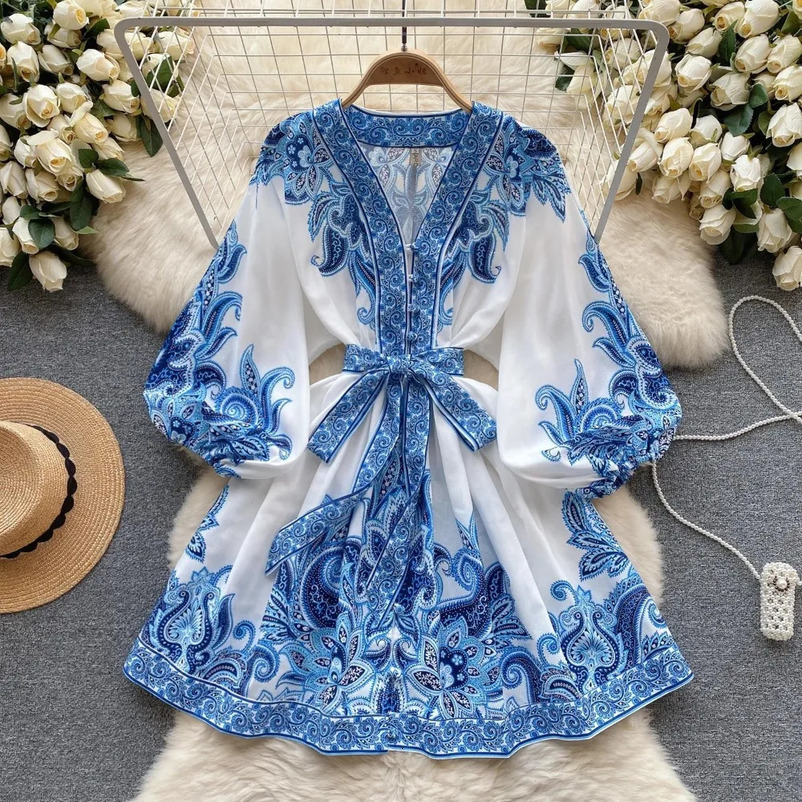 Vintage Print Elegant Puff Sleeve Aline Vneck Mini Dress Casual Women Fashion Autumn Spring 240715