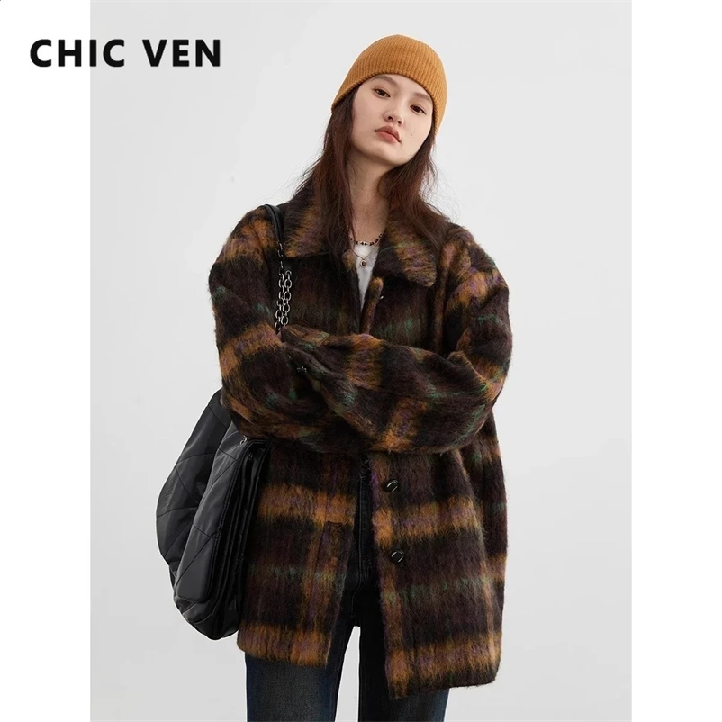 CHIC VEN Women Woolen Coat Loose Casual Single Breasted Vintage Polo Collar Plaid Female Overcoat Autumn Winter 240909