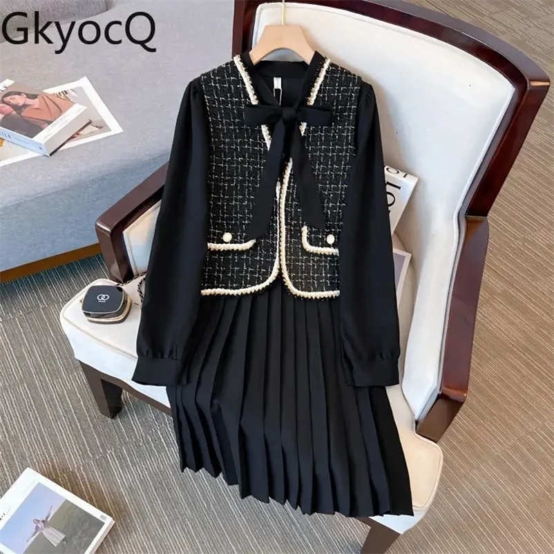 GkyocQ Autumn Two Piece Sets Women Outfit Plaid Tweed Vest and Long Sleeve V-neck Lace-up Collar Pleated Dresses Set 240223
