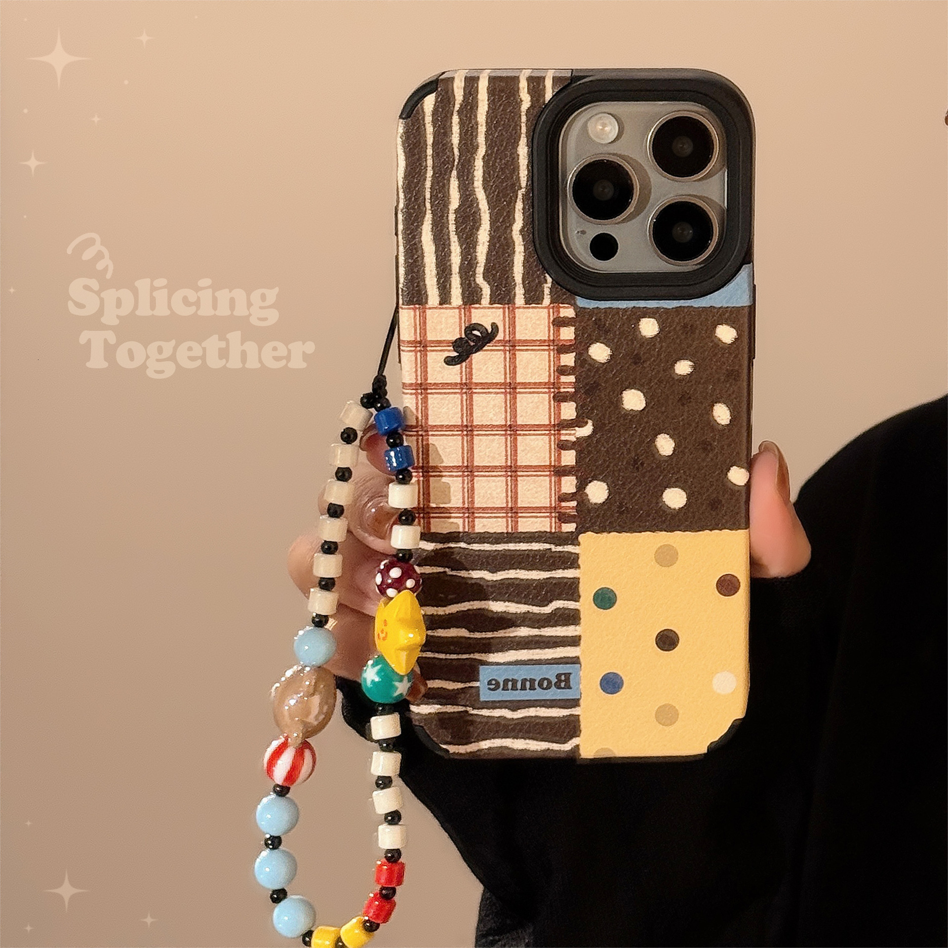 INS Polka Dot Patchwork Compatible iPhone 17 Apple 16 Phone Case 15 Pro Max Leather 14 with Chain 13