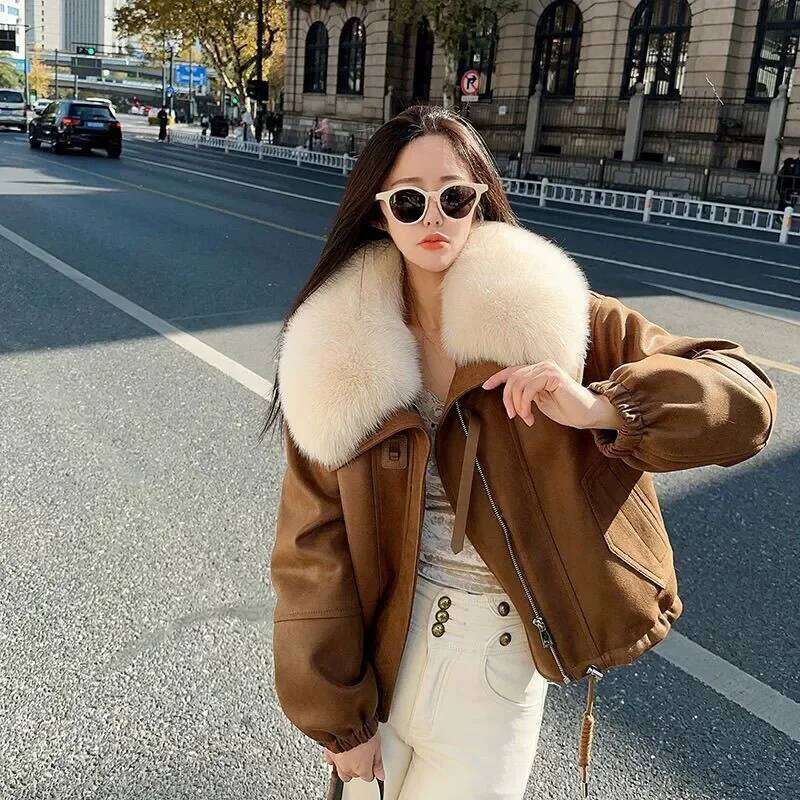 Big Collar Faux Fox Fur Jacket Women's Overcoat 2025 Winter New Down Liner Fashion Loose Thicke Warm Biker Clothes Outwear