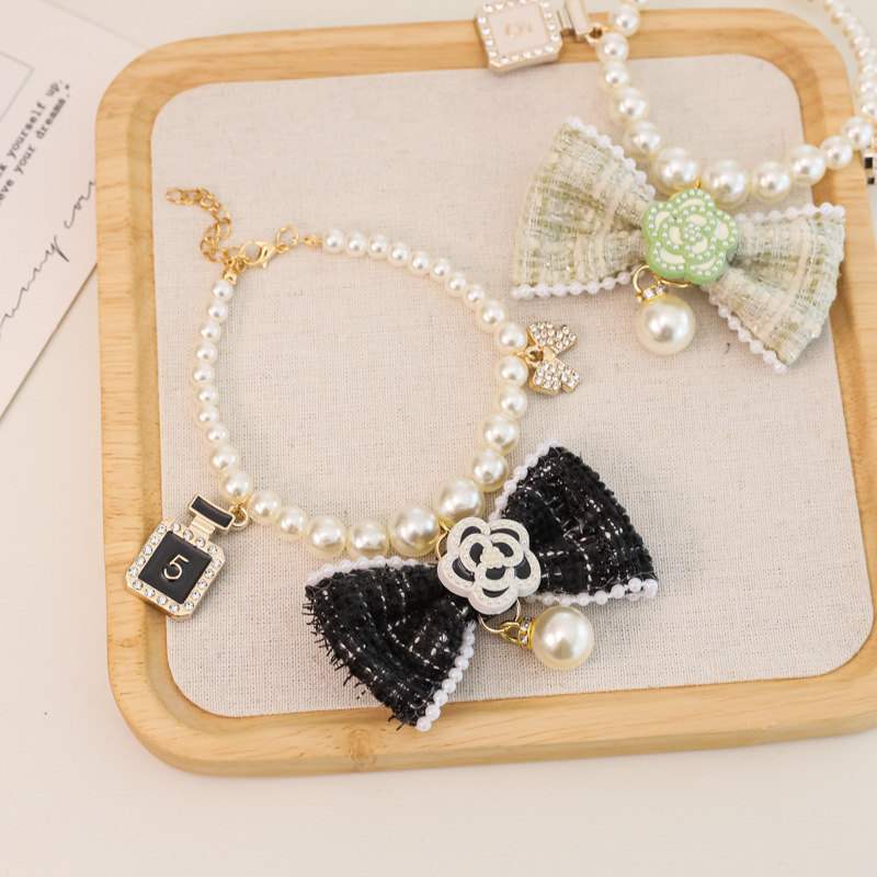 Designer Bow Harness French Pet Collar, High-end Cat Pearl Necklace Accessory, Little Dog Neck Collar and Necklace 4 Colors