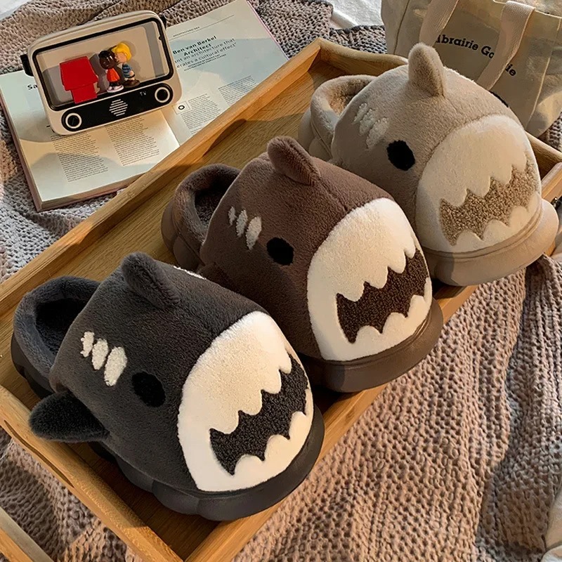 Unisex Winter Fun Cartoon Shark Slipper - Women's Comfortable Plush Footwear with Thicker Sole Winter Funny Slippers for Woman Cartoon Shark Warm