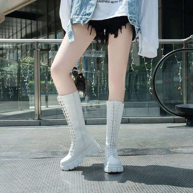 LazySeal Winter Long Boot Women White Lace Up Zip Height Increasing Pu Leather Shoes Plush Botas Mujer Big Size 43
