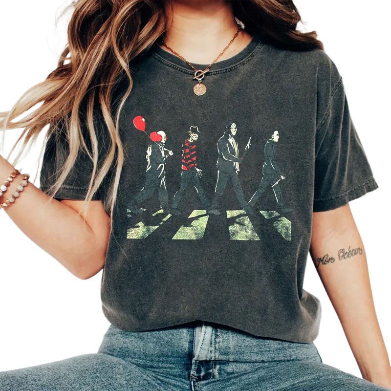 Oma Washed Vintage Cotton Halloween Witch Ghost Series Printed Streetwear Retro T-Shirt - TT8280