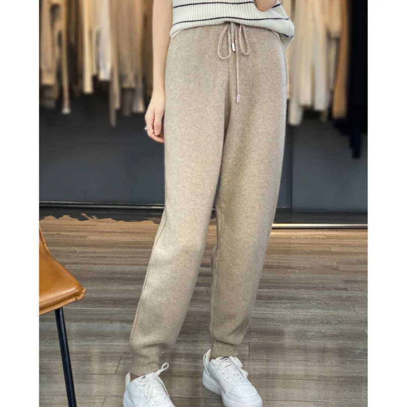 100% Merino wool cashmere womens knitted pants in autumn and winter elastic waist fashion feet 250106