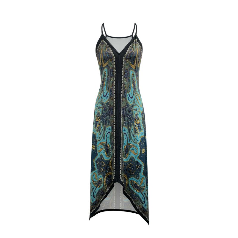 Women's Spring Summer Boho Plant Print Spaghetti Strap Maxi Dress Vacation Style Long Dress-CF50865