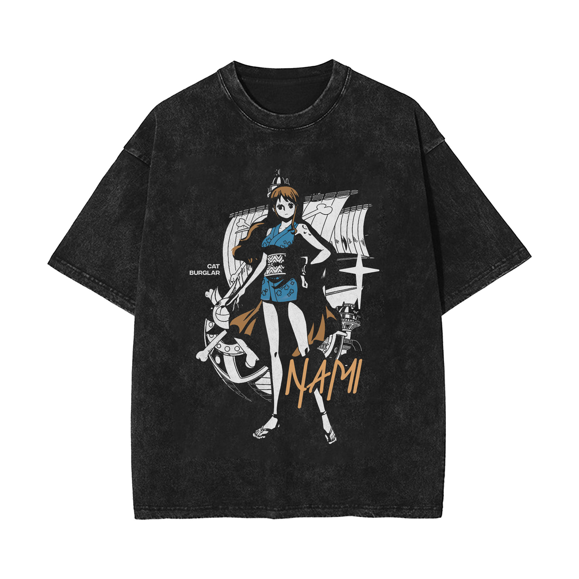 2025 New American-Style Washed Vintage Cotton T-Shirt Zoro, Luffy, Japanese Anime Print Washed Distressed Short-Sleeve T-Shirt - TT8558