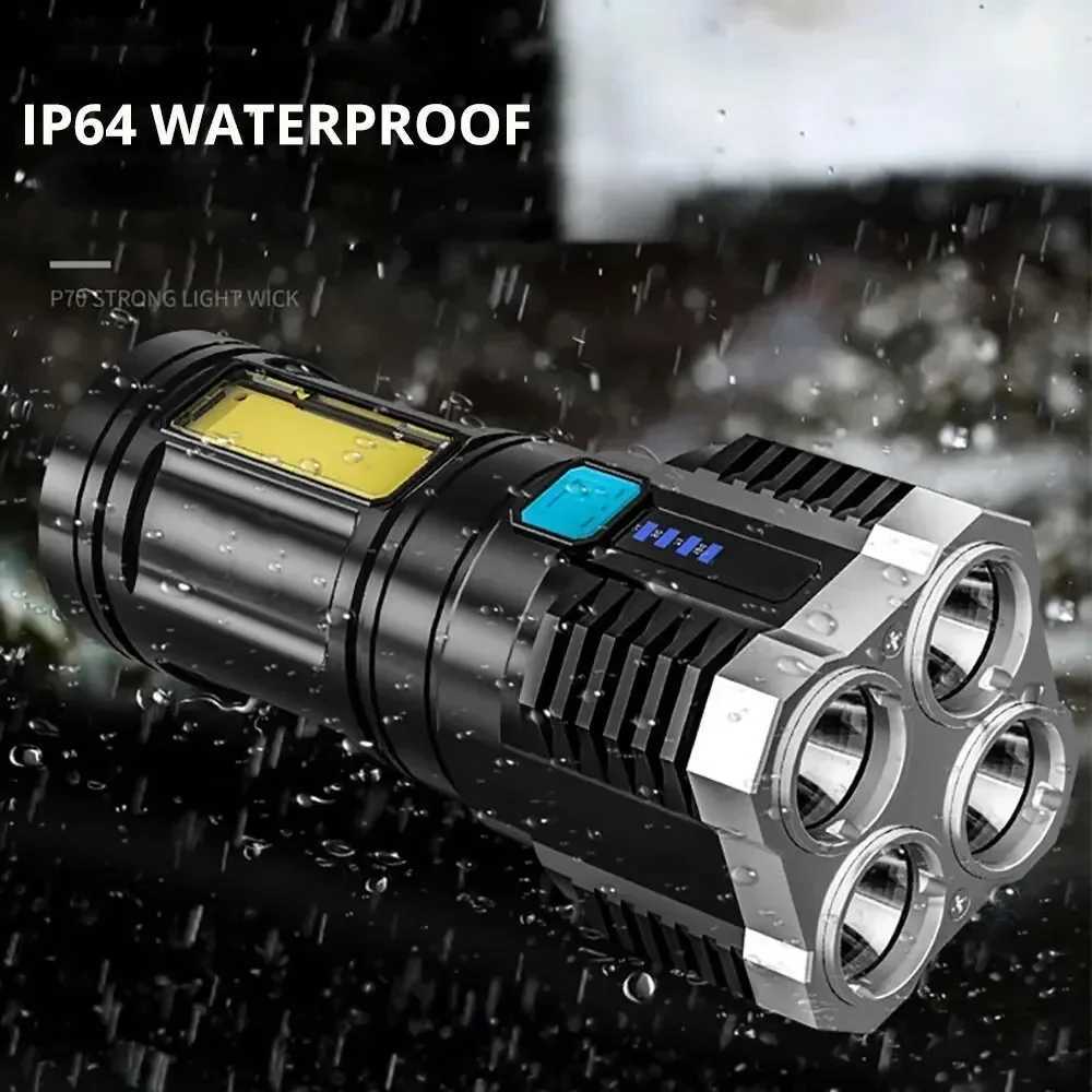 Strong Light LED Flashlight Camping Torch With 4 Lamp And COB Side Lights Outdoor USB Rechargeable Portable Hand Lantern C250928