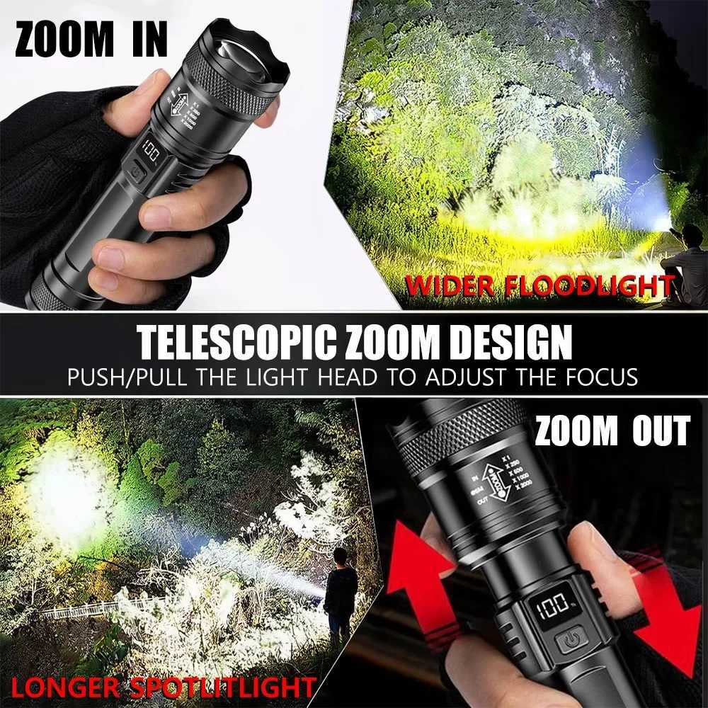 Highpower Led Flashlight USB Rechargeable Torch with Display Zoomable Light with Battery Camping Hiking Lantern Emergency Lamp D250928