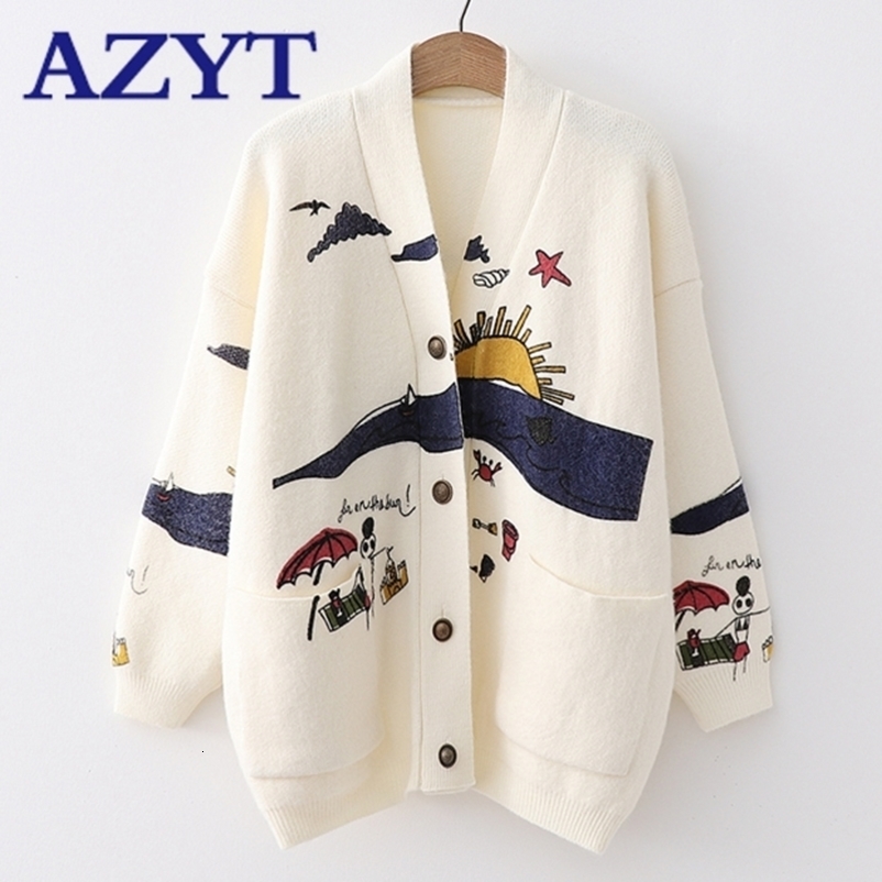 AZYT Cartoon Print Knitted Cardigan women's Jacket Autumn Korean Loose V Neck Sweater Coat Front Pocket Women's Cardigans 201031