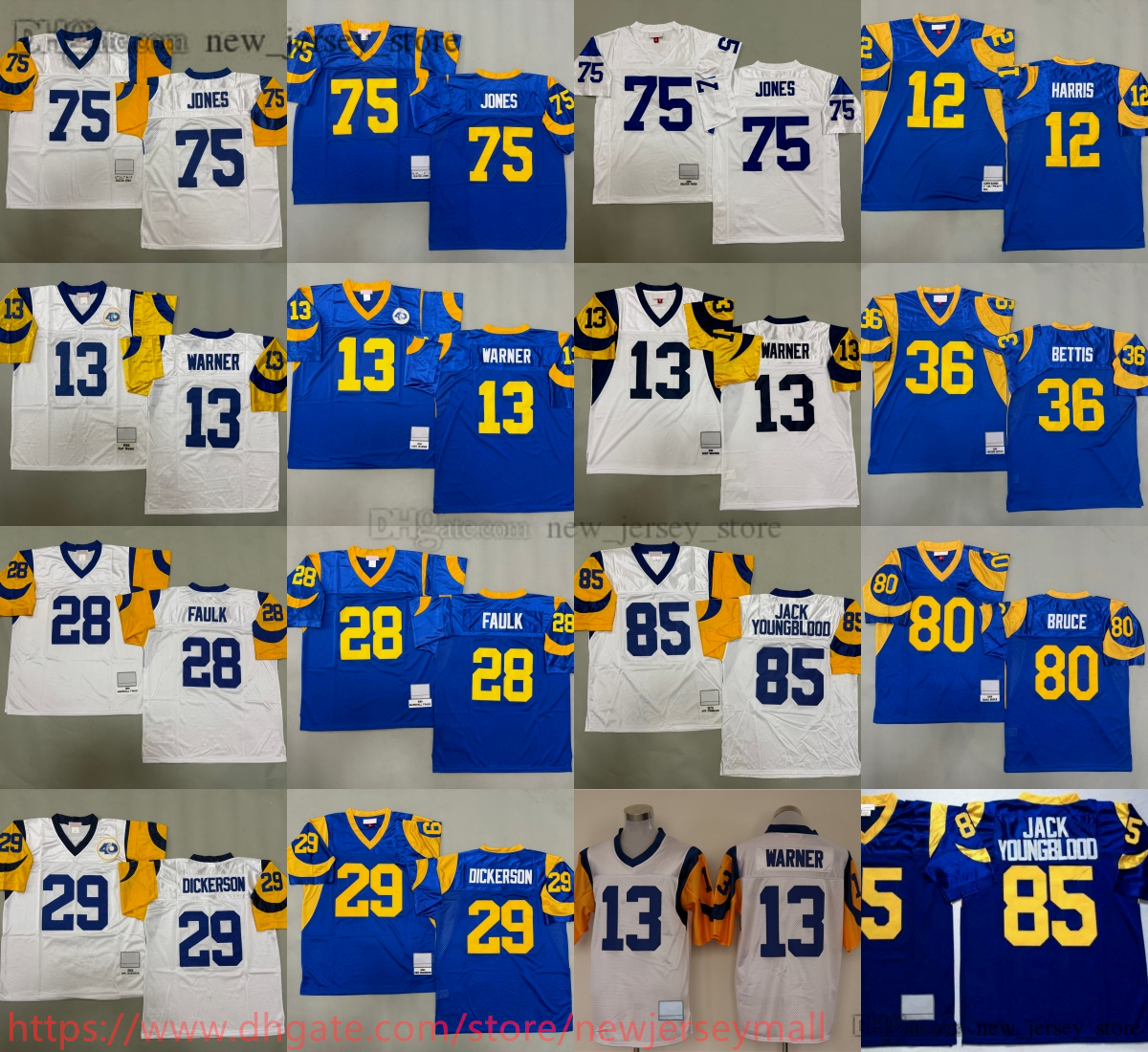 1969 Throwback Football 13 Kurt Warner Jersey Retro Vintage 29 Eric Dickerson 75 Deacon Jones 28 Marshall Faulk 36 Jerome Bettis 85 Jack Youngblood Joe Namath Jerseys