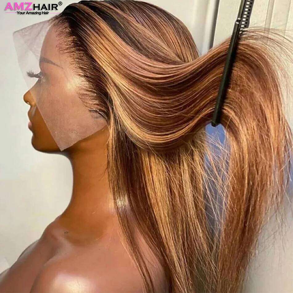 Hd Highlight Straight 13x4 Front Human Hair Preplucked 360 Full Wig Honey Blonde Colored 13x6 Lace Frontal Wigs