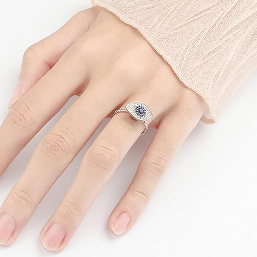 Fidget Anxiety Rings Rotatable Stress Relief Bead Ring Size Adjustable Open Design Ring Spinner Inlaid Cubic Zirconia Blue Eye Shape Ring Jewelry for 