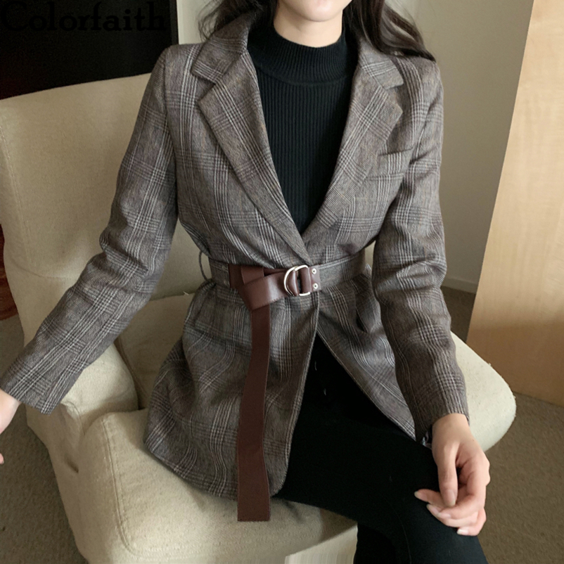 Colorfaith New Autumn Winter Women's Blazers Button With Belt Pockets Formal Jackets Outerwear England Style Tops JK6561 201102