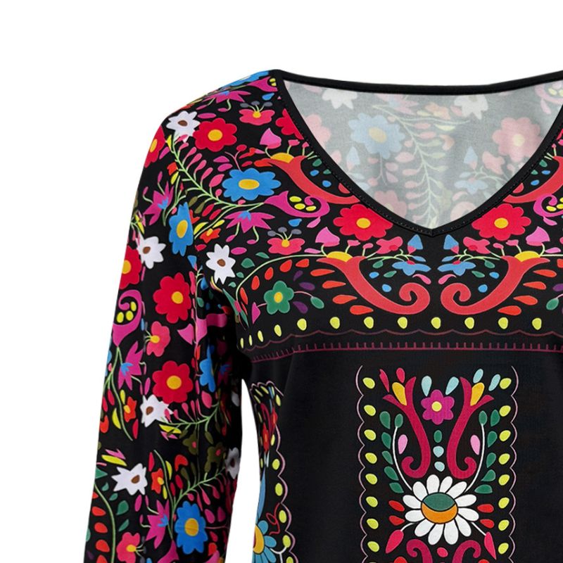 Vintage Style Womens Long-Sleeve V Neck Tee with Ethnic Flower Design for Everyday Wear-CF42394