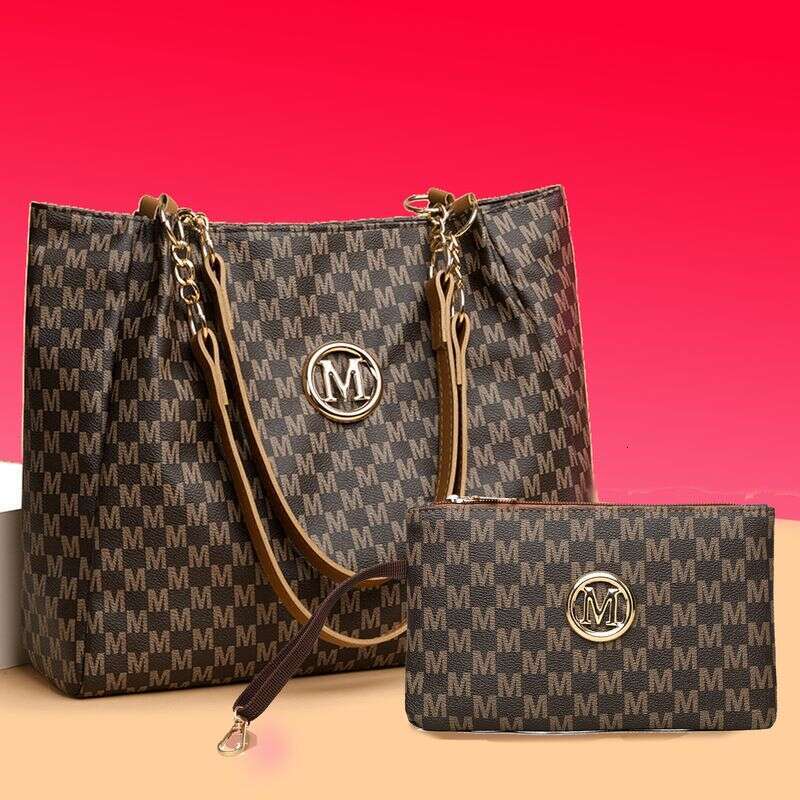 Stylish M-Print Tote & Clutch Bag Set With Chain Strap - Versatile PU Handbag Combo For Women Black/Brown/White