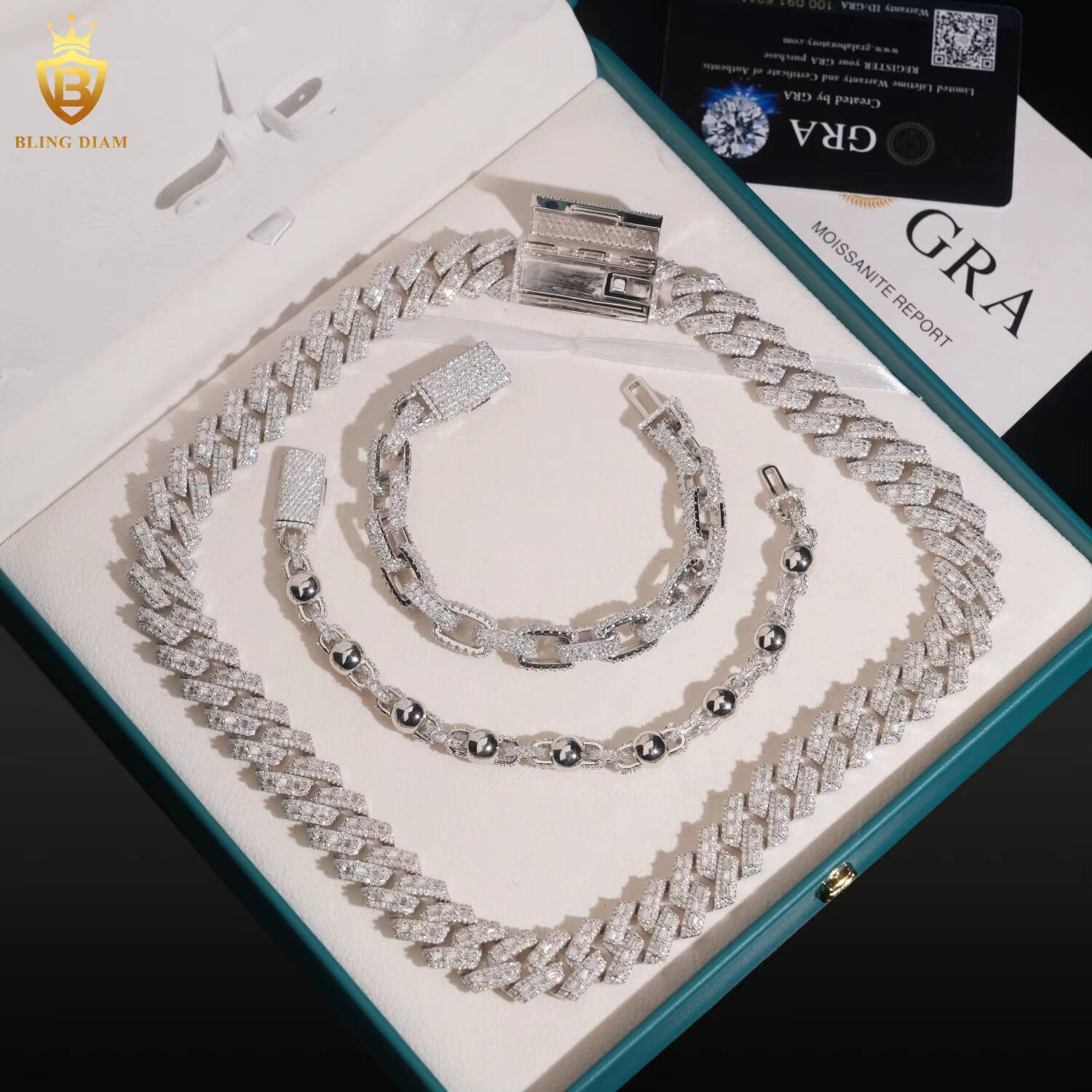 Hip Hop 8mm 10mm 16mm Baguette Shape Cuban Link Chain 925 Sterling Silver Moissanite Fine Jewelry Custom Men Moissanite Necklace