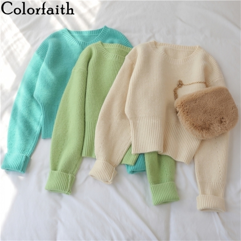 Colorfaith New Autumn Winter Women's Sweater Pullovers Warm Minimalist Korean Short Elegant Solid Sweet Lady Jumpers SW6342 201023