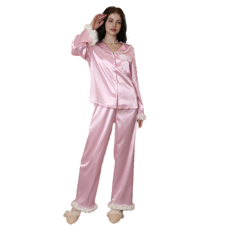 New Women's Spring/Fall Silk Satin 3D Petal Long-Sleeve Pajama Set with Pants for Homewear