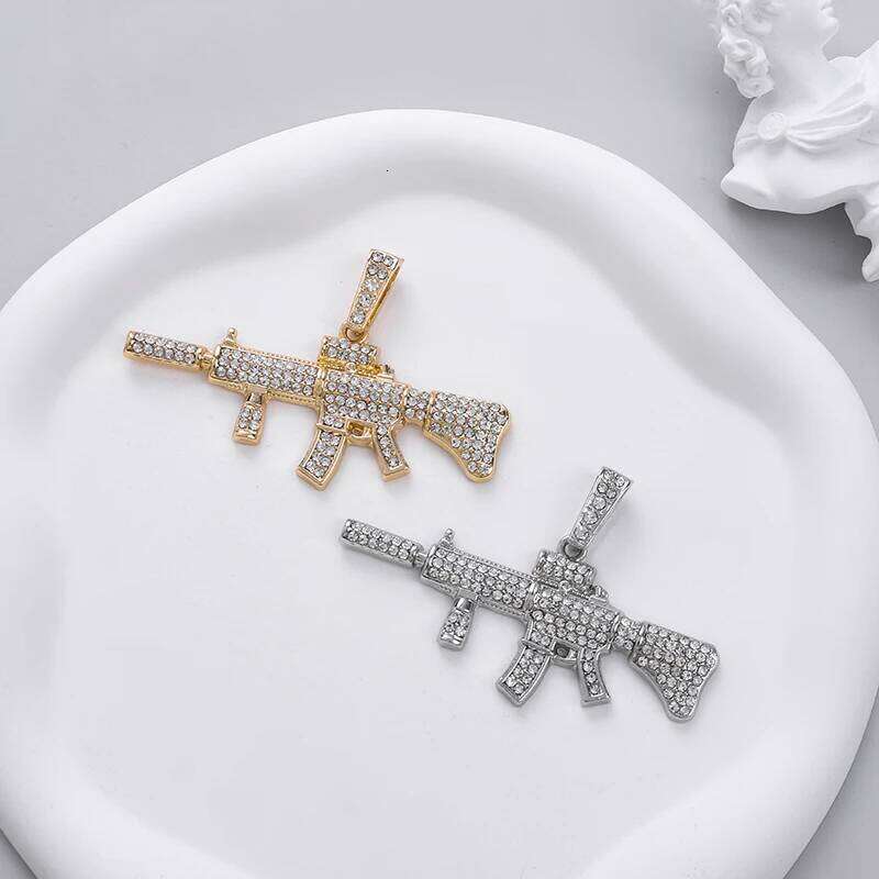 Mens Womens Crystal Gun AK47 Pendant Punk Hip Hop Rap Cuban Chain Necklace Jewelry Gift