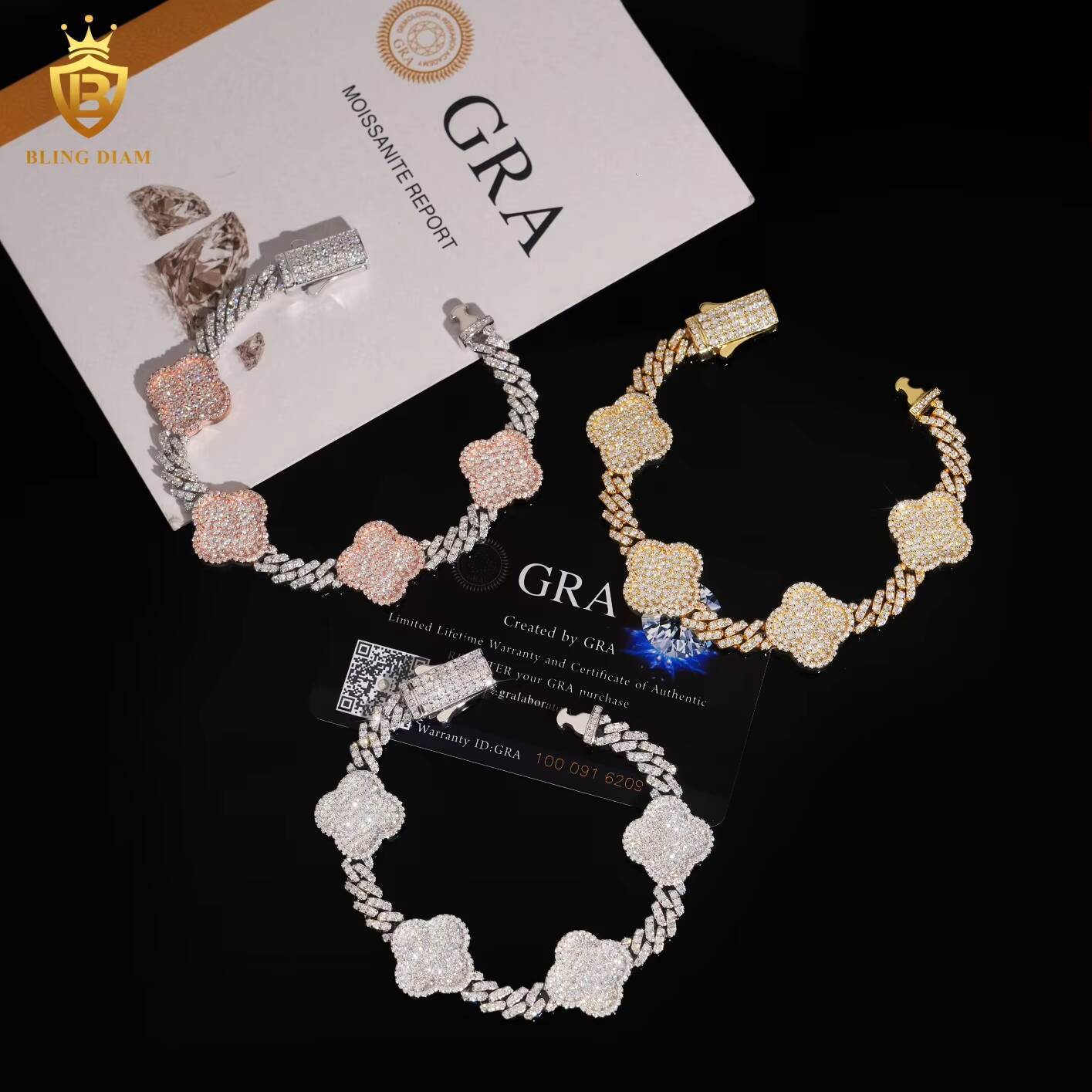 Luxury Charms Bangle Jewelry 6mm 925 Sterling Silver in Rose Gold Vvs Moissanite FourLeaf Clover Bracelets for Men Women