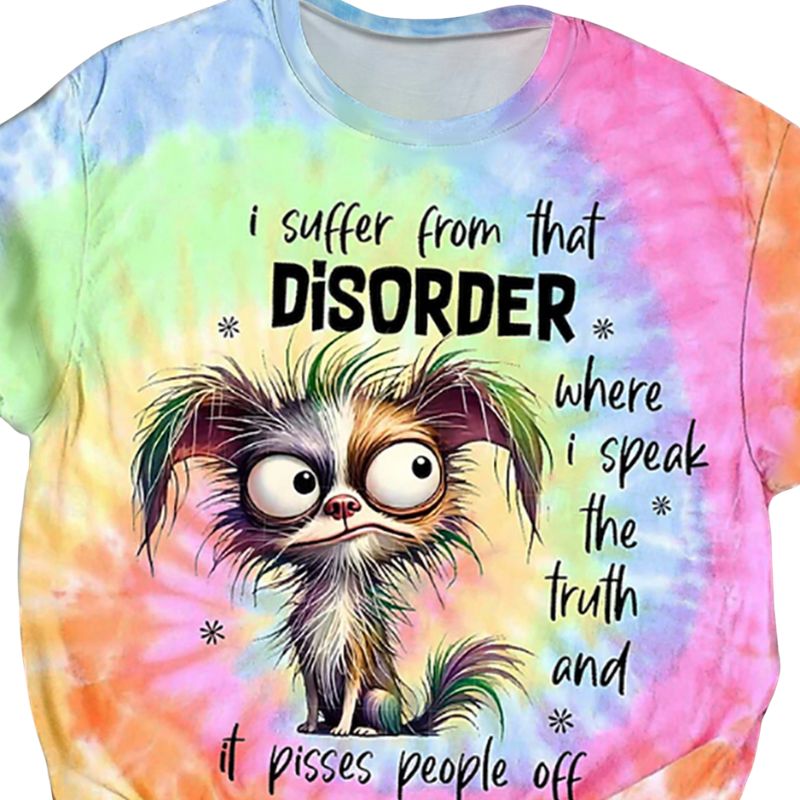 Women's Tie-Dye Cartoon Dog Graphic Print Short Sleeve Top - Summer Casual Vacation Style T-Shirt-CF50142